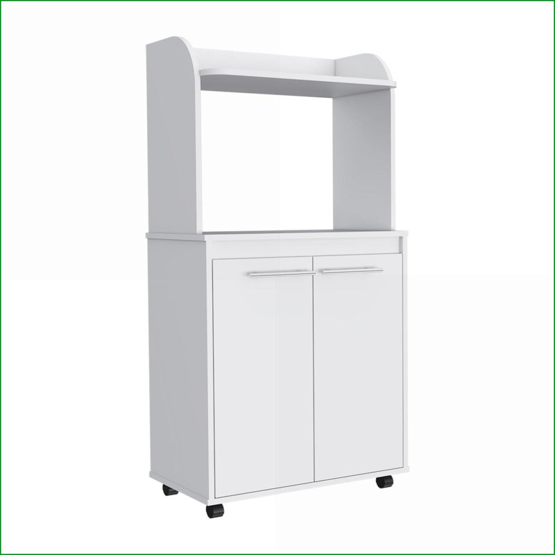 Chariot de cuisine avec tablette à micro-ondes, armoire à deux portes | Industriel | Bois d'ingénierie blanc neige