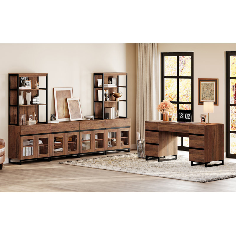  Office Furniture Set: 59In Modern Executive Desk With Charging Station & Drawers And Two 72In Tall Bookcases With 3 Tiers And 4 Cabinets,Home Office Furniture For Work Study