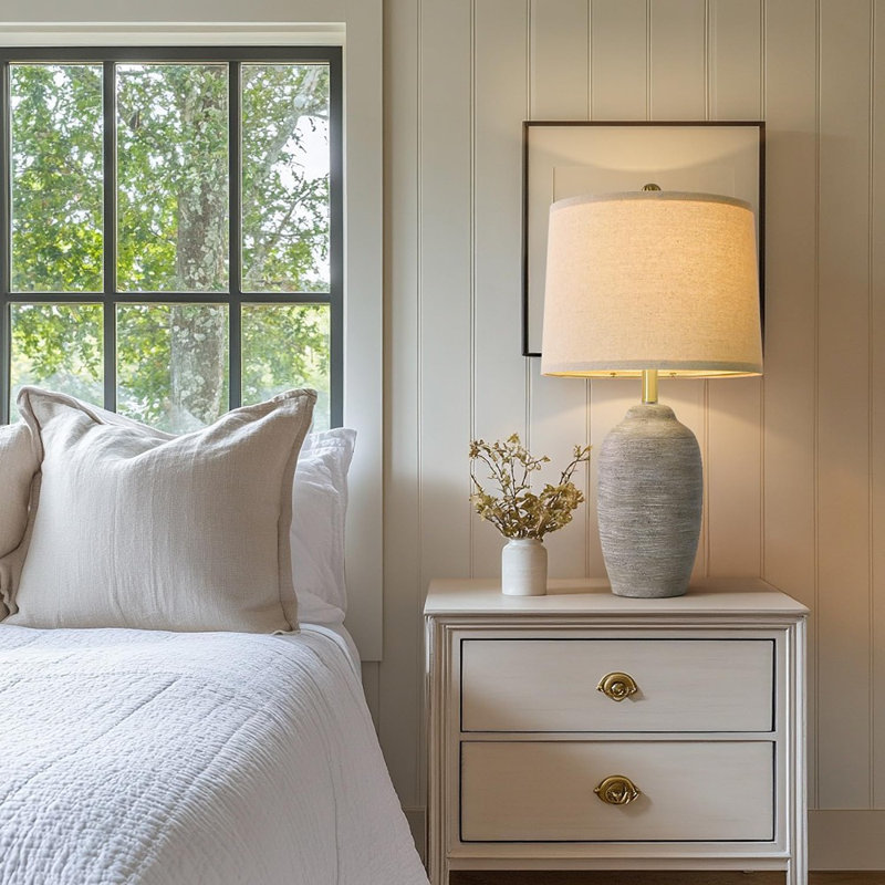 Lampe de table en céramique fabriquée à la main 24,5 po - Éclairage de chevet rustique rétro simple pour le salon, la chambre à coucher, le vestibule | Table de chevet et décor de table de bout avec abat-jour en lin (ampoule non incluse)