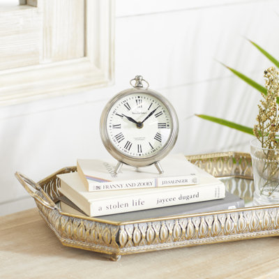 Roman Numeral Mechanical Tabletop Clock in Silver