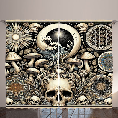 Ambesonne Curtains 2 Panel Set, Mushroom Skulls Occult, Eggshell and Charcoal Grey -  p_429993_108x96
