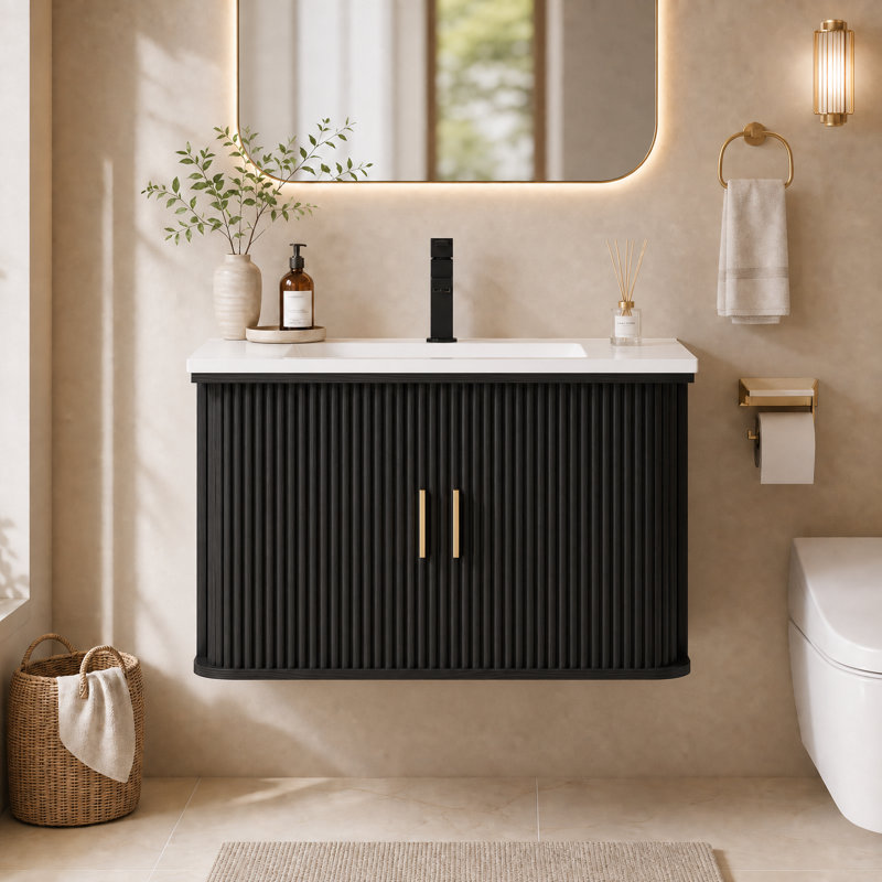 Meuble-lavabo mural 30 po avec comptoir d'évier, armoire à porte coulissante avec rangement, Black