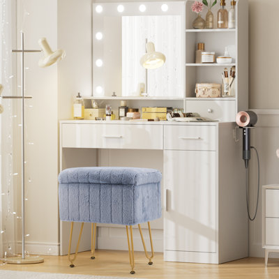 Lumina Makeup Vanity Desk and Stool Set with LED Lighted Mirror & Power Outlet & 3 Drawers, 1 Cabinets by Ebern Designs