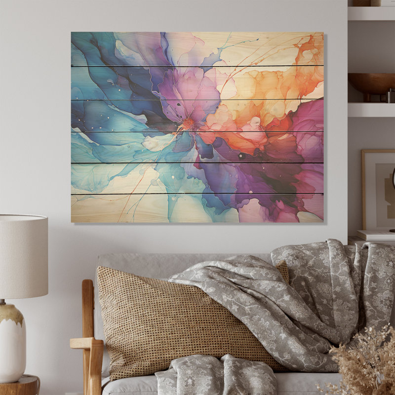 «Orange and Teal Essence Ink I», art mural abstrait à l'encre liquide sur bois de pin naturel, H 10 po x l 20 po