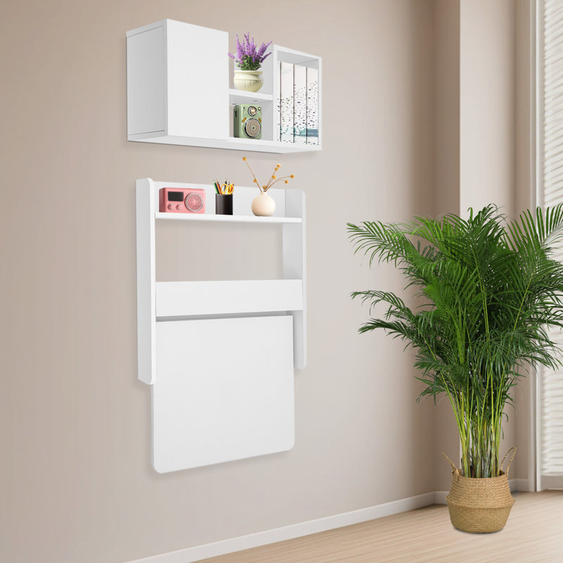 Wall Mounted Solid Wooden Rectangular Bookshelf Folding Down Laptop Writing Desk Log Color, White
