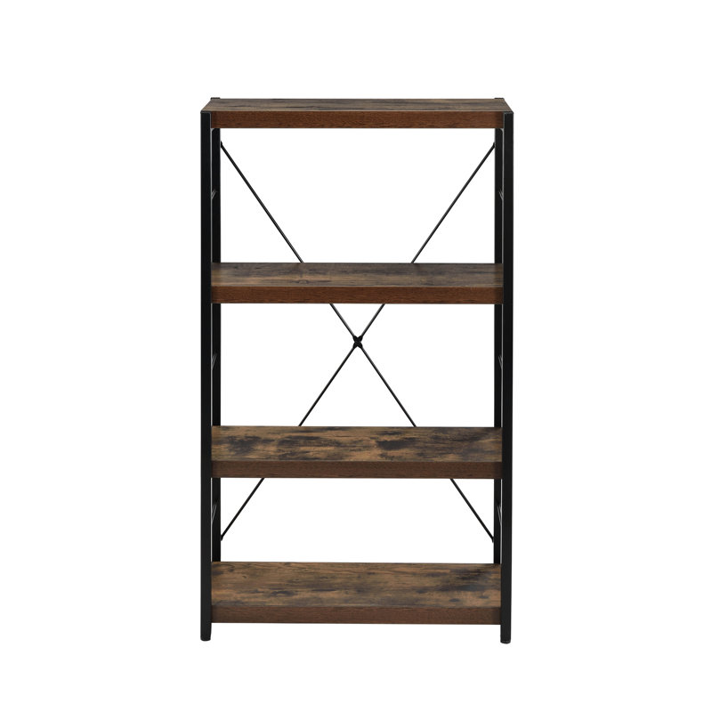 Bibliothèque rectangulaire en chêne patiné avec pieds en métal au fini noir, solution de rangement à 3 niveaux et bibliothèque, 4 tablettes pour les ustensiles de cuisine