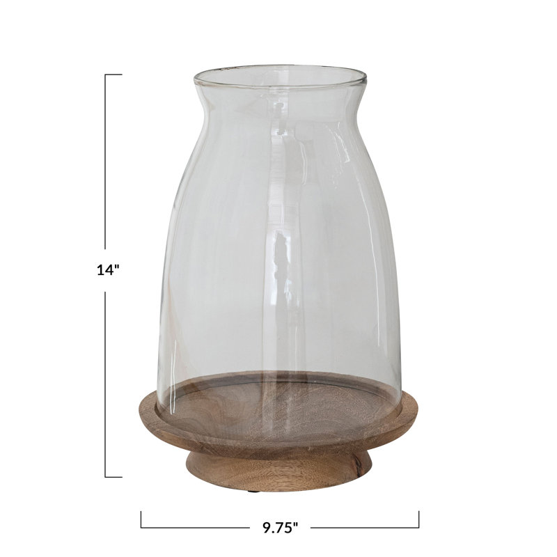 Porte-bougie ouragan en verre avec base en bois de manguier