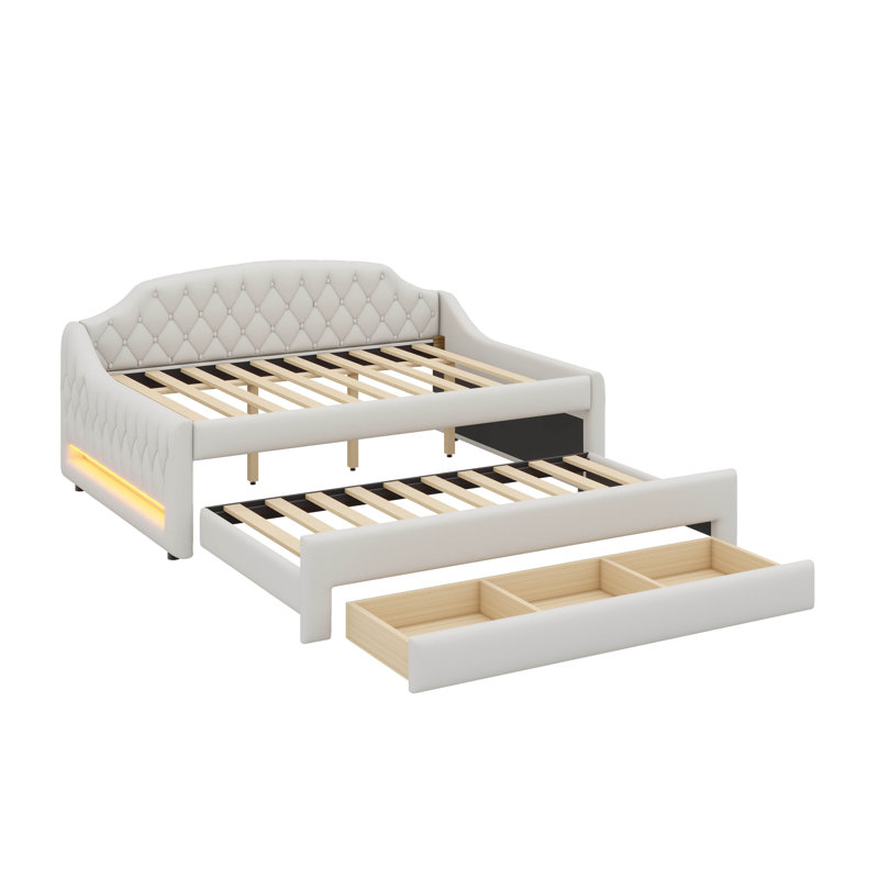 Lit de jour double avec revêtement, éclairage intégré, lit gigogne et trois compartiments, Beige