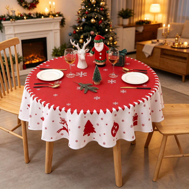 152cm Round Christmas Tablecloth in 150GSM Polyester Slub Cloth | Snowflake & Gift Box Print, Wipeable Festive Cover for Dining & Holiday Parties