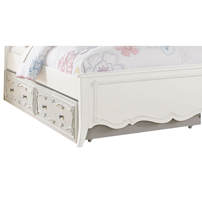 Lit gigogne en bois simple avec boutons ronds et roulettes, blanc