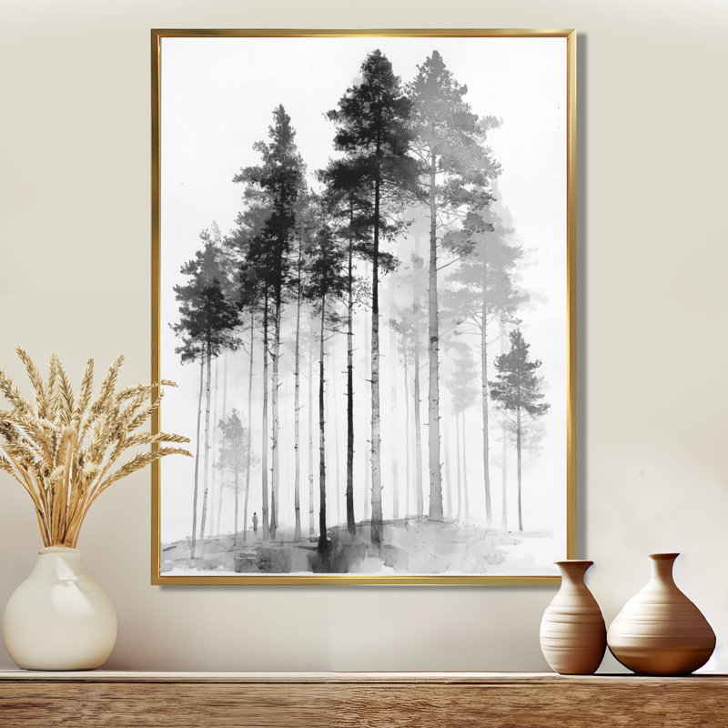 «Black and White Tall Pine Tree Forest», reproduction d'art sur toile Nature, Cadre flottant, H 20 po x l 12 po, Doré