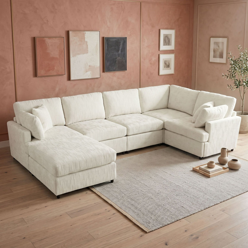 Canapé modulaire 6 pièces avec repose-pieds mobile, canapé en chenille avec structure en bois massif pour salon, Beige