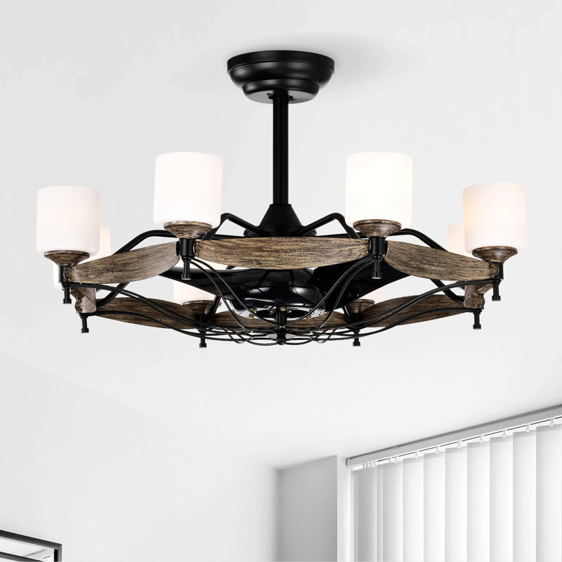 Ventilateur de plafond Dia 33 pouces pour chambre à coucher, salon, cuisine, entrée de maison de campagne, noir mat + grain de bois