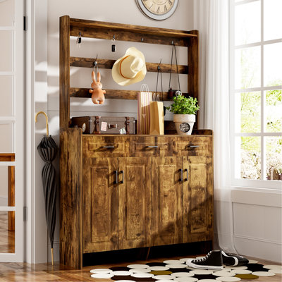 Armoire à chaussures minimaliste à quatre portes avec porte-manteau, plateau spacieux, 3 tiroirs, 8 tablettes, crochets et poignées en métal pour le couloir, l'entrée, le salon