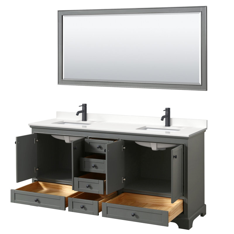 Ensemble de meuble-lavabo double autoportant 80 po avec plateau en quartz Deborah, WDX13519, Gris foncé, Chrome poli