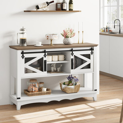 Table d'entrée de ferme avec rangement, console blanche avec portes de grange coulissantes, table de canapé avec armoire, console d'entrée et de salon