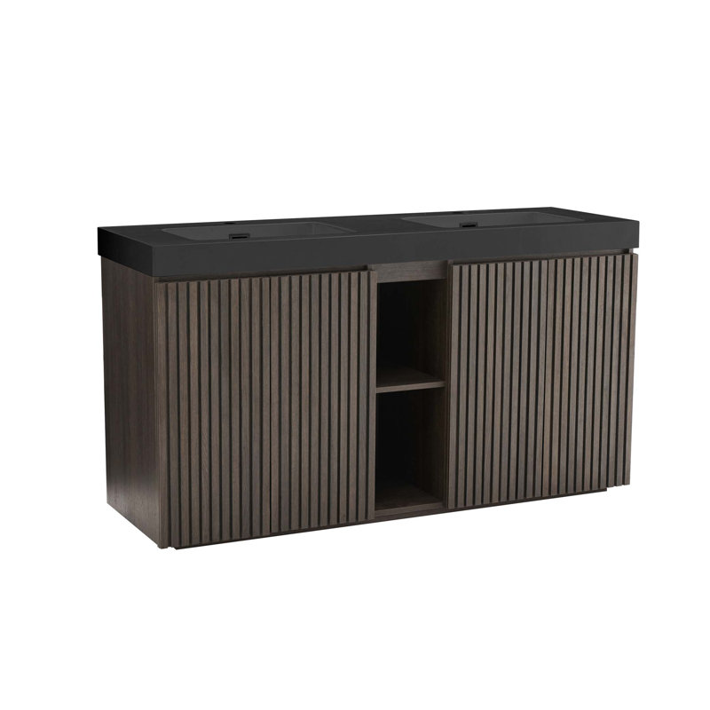 Meuble-lavabo autoportant de 60 po en chêne fumé avec lavabo 60 po pour salle de bain moderne, lavabo une pièce sans bonde et robinet