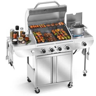 R.W.FLAME Elite 4-Burner 304 Stainless Steel Gas Grill 42,000 BTU Powerhouse with Side Burner Dual Brake Universal Wheels - Perfect for Garden & Patio Outdoor BBQ