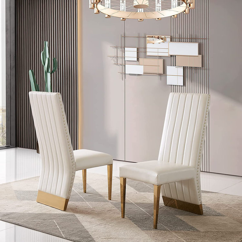 Chaises de salle à manger en cuir blanc, Doré