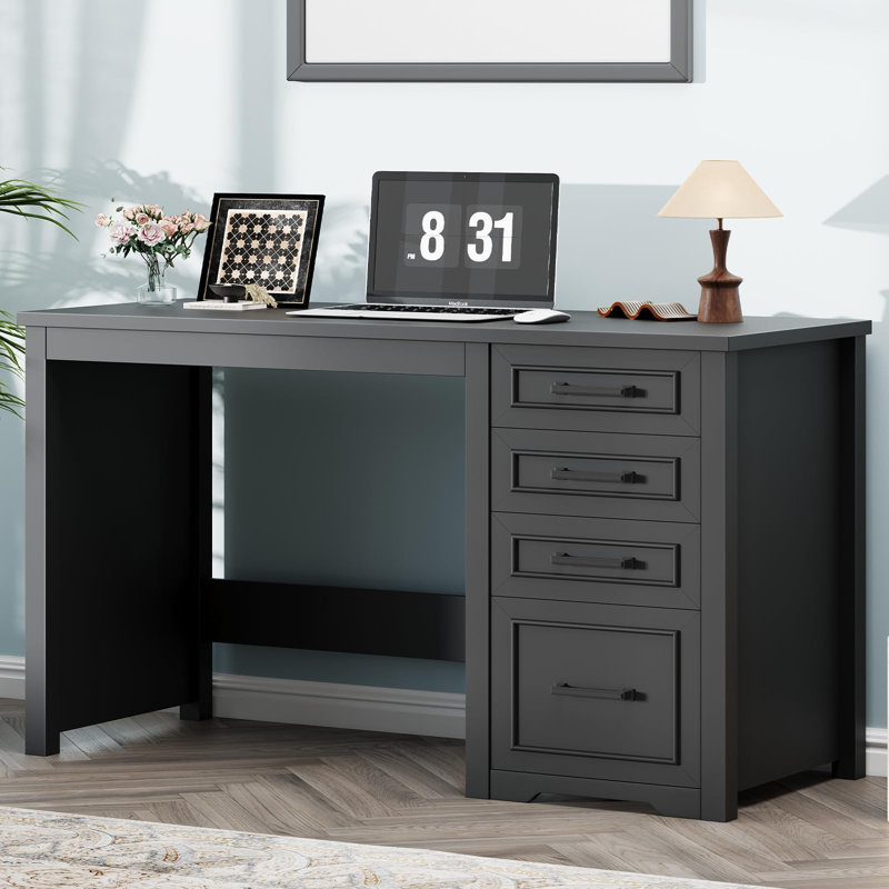 Farmhouse 49” Executive Desk With File Drawer, 4 Drawers Reversible Computer Desk, Black