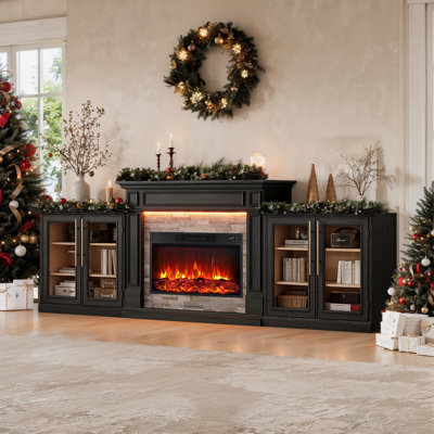 Meuble télé 107 po avec foyer électrique, flamme une couleur, 2 armoires à porte en verre et manteau de cheminée