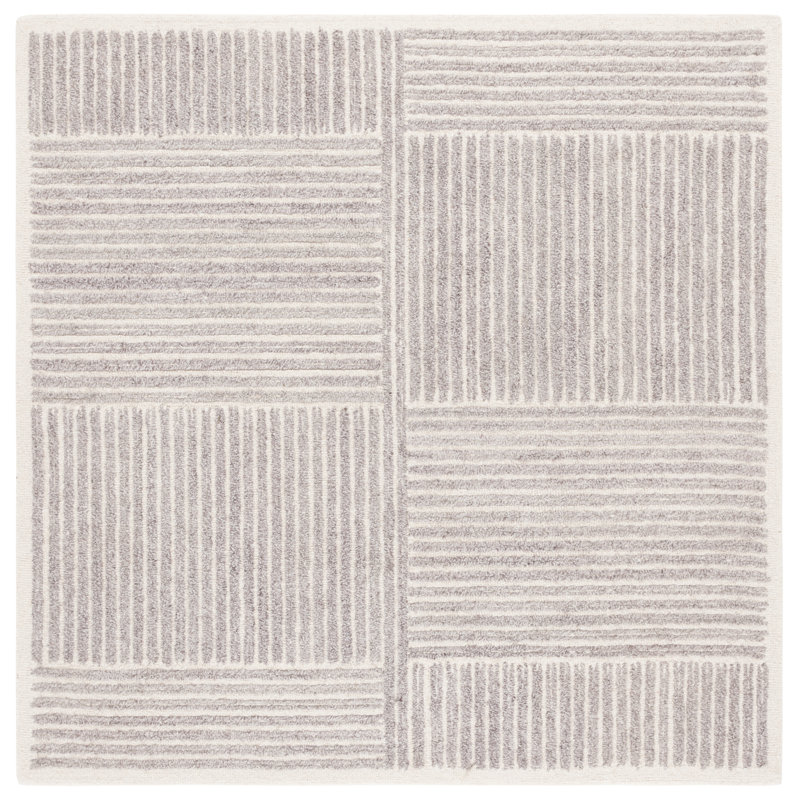 Niana Hand Tufted Pet Yarn/Wool/Cotton Striped Rug in Grey/Ivory, Square 6'