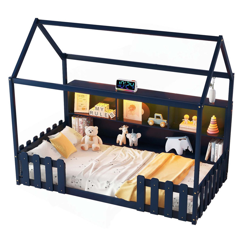 Charmant lit simple avec lumière DEL et rangement pour le pays des rêves des enfants, Bleu marine