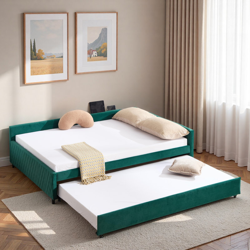 Upholstered Daybed With Trundle And Usb, Emerald