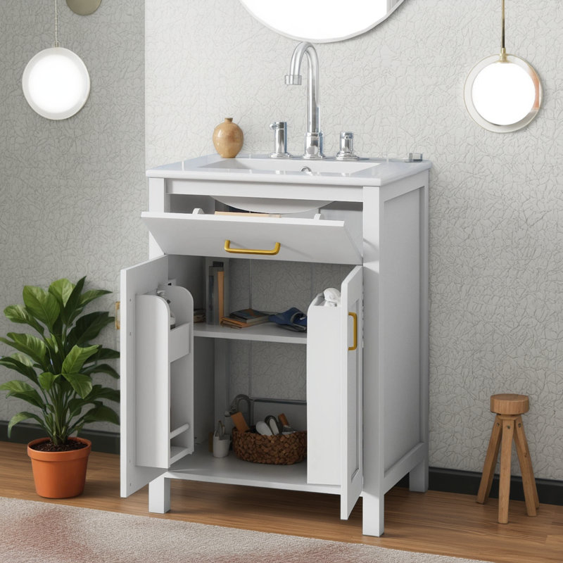 This 24-inch Bathroom Vanity Set With A Porcelain Sink Combines Luxury With Space-saving Features. It Measures 24 Inches Wide By 18 Inches Deep By 34 Inches High And Features Two Soft-close Doors.