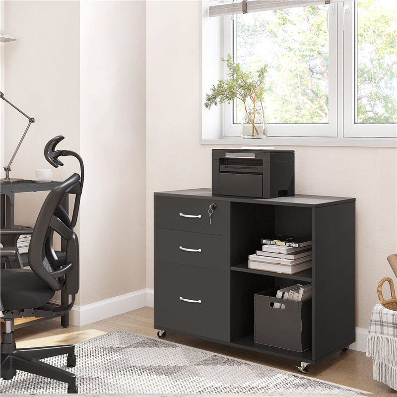 3 -Drawer 2- Shelf Mobile Filing Cabinet, Black