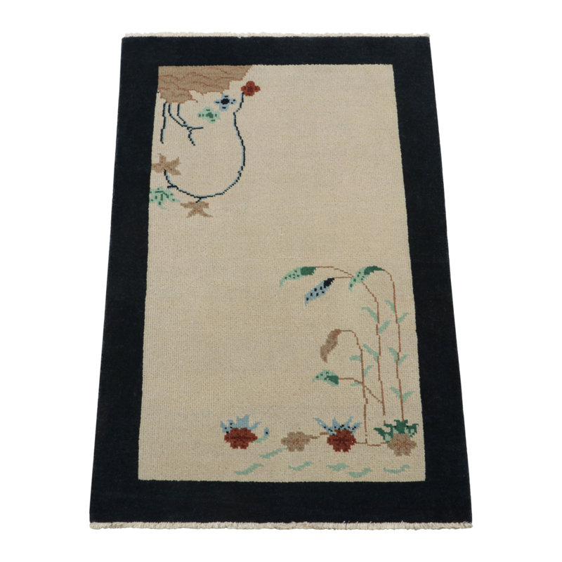 Rug & Kilim’S Chinese Deco Rug In White With Floral Patterns And Navy Border