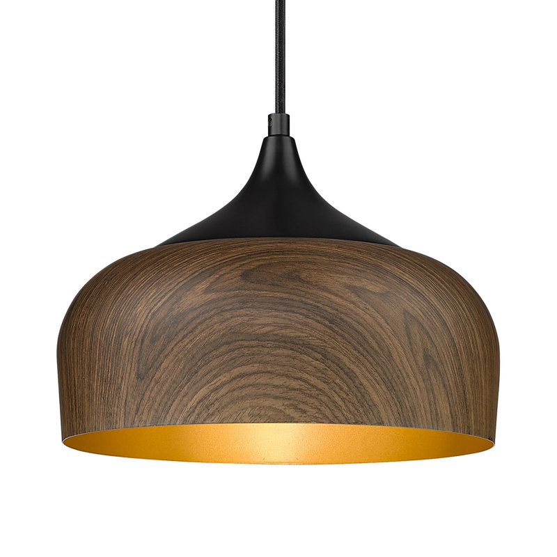 Luminaire suspendu moderne en bois de noyer à motif de dôme suspendu en métal noir mat Finition intérieure dorée Éclairage suspendu réglable pour îlot de cuisine Bureau, couloir, vestibule, chambre à coucher