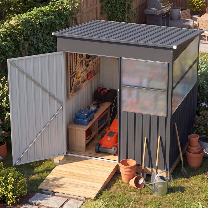 Abri de jardin adossé de 1,80 m x 1,80 m, en acier galvanisé avec panneaux translucides et porte verrouillable, idéal pour terrasse et jardin.