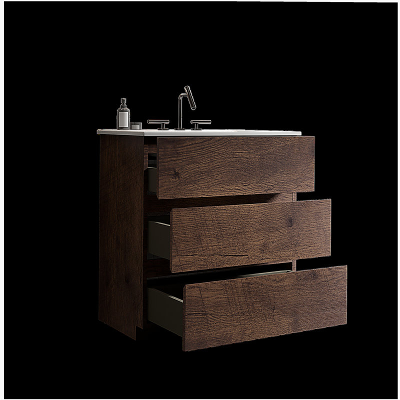 TIA 30" Walnut Bathroom Vanity with Sink with 3 Faucet Holes, Large Storage Freestanding Bathroom Vanity for Modern Bathroom, One-Piece White Sink Basin without Drain and Faucet, Pre-assemble