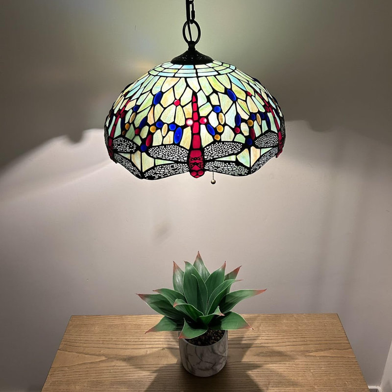 Tiffany Pendant Lights Fixture Plug In Stained Glass Dragonfly LED Bulbs Included 16"W*16"D*75"H, Green/Red