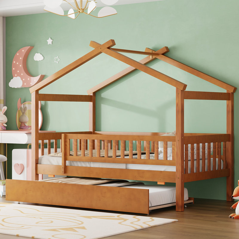 Lit simple en bois avec lit gigogne, conception fantaisiste pour enfants, spacieux et durable, Twin, Walnut