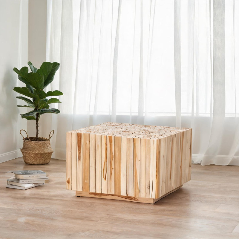 Table basse carrée de salon en bois de teck naturel avec bûches réutilisées, 27,6 po