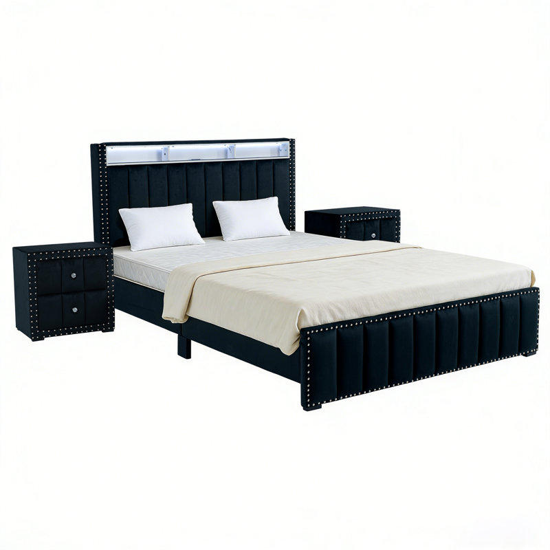 Ensemble de chambre à coucher moderne 3 pièces, lit plateforme tapissier avec station de charge USB et éclairage à DEL et deux tables de chevet