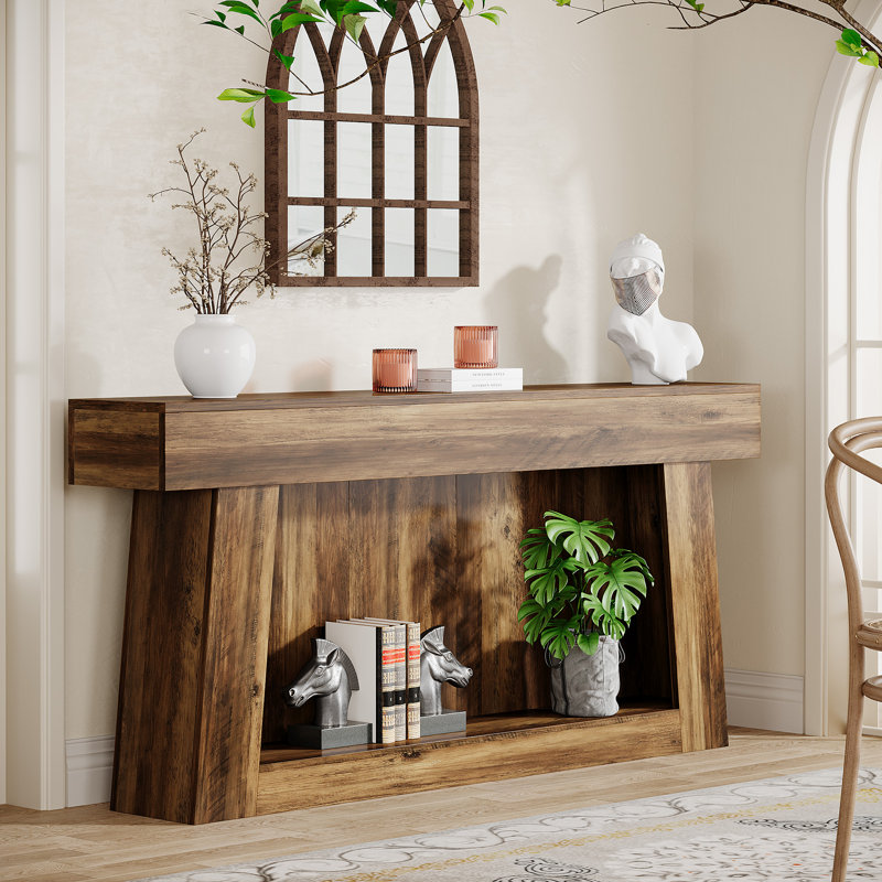 63-Inch Rustic Brown Wooden Console Table with Storage
