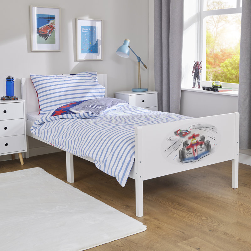 Kids White Single Bed – Racing Cars