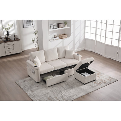 L-Shaped Sectional Sofa With Pull-Out Storage,Ottoman & Pillows 3-Seat With USB Charging,Cup Holder, Convertible Design For Living Room, Apartment, Co
