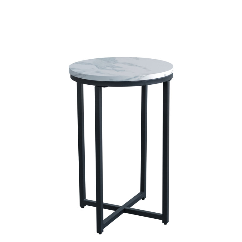 Table d'appoint moderne avec plateau en faux marbre - ronde noire, fabrication stable, base en forme de X, idéale pour tout espace, salon, chambre à coucher, petite pièce compacte facile à nettoyer et à assembler