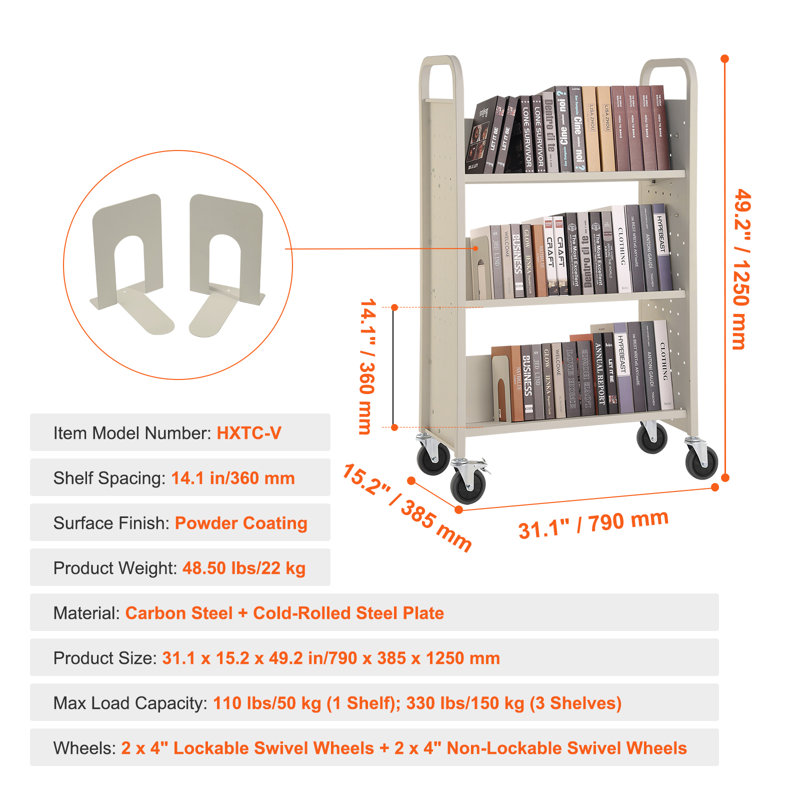 Chariot à livres roulant, 150 kg, dimensions : 100 x 51 x 125 cm, étagères inclinées en forme de W double face, roulettes verrouillables de 10 cm, idéal pour la maison, le bureau ou l'école. Couleur : blanc.