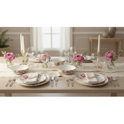 Service de vaisselle en porcelaine tendre de Lorren Home Trends, blanc avec roses roses, service pour 4, 16 pièces, assiettes allant au micro-ondes et au lave-vaisselle, assiettes à salade, bols.