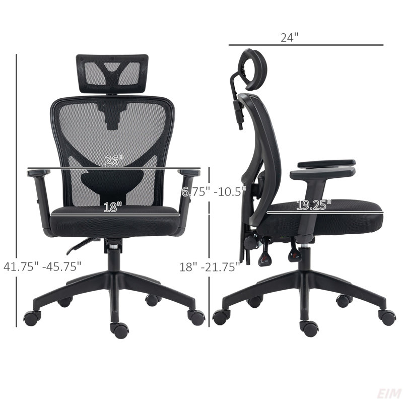 Chaise de bureau d'ordinateur ergonomique à haut dossier, chaise de travail en filet avec support lombaire, fonction inclinable, appui-tête réglable, accoudoirs et hauteur