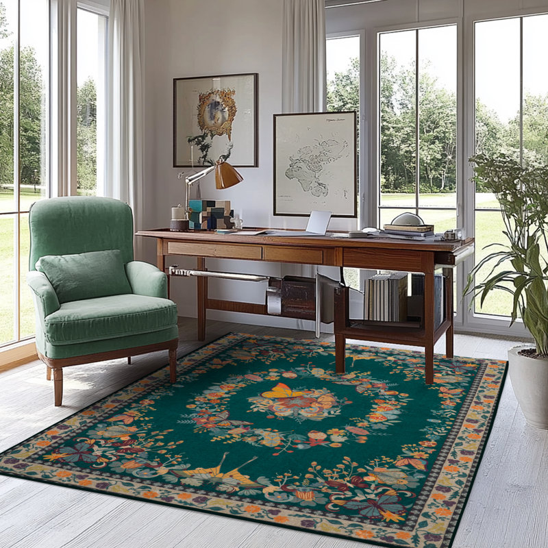 6x9 ft Butterfly Rug for Living Room, Low Pile Throw Rugs with Rubber Backing Washable Non Slip Modern Large Area Rug for Bedroom Dining Room, Dark Green