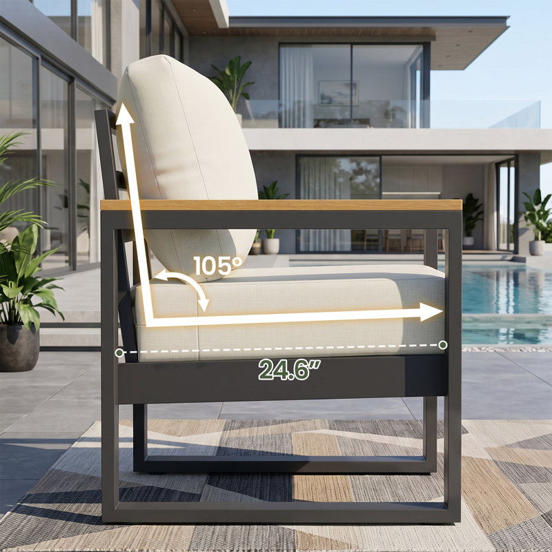 Ensemble de conversation de patio en aluminium pour 7 personnes avec accoudoirs aspect bois doux au toucher et coussin de 12,5 cm pour toutes les conditions météorologiques