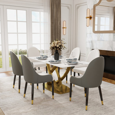 Zagan 7-Piece Modern Dining Room Sets, Sintered Stone Tabletop Kitchen Dining Table Set with 6 PU Upholstered Chairs