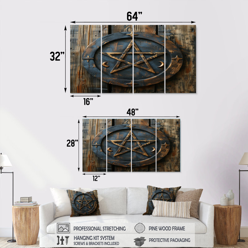 «Wicca Pentagram - Spiritual Stone», art mural pour le salon, 4 pièces, H 28 po x l 48 po
