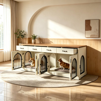 Grand meuble cage pour 2 chiens, chenil en bois 70,8 po avec tiroirs de rangement et cloison amovible, meuble télé moderne avec 4 portes pour caisson et meubles d'intérieur pour petits et moyens chiens